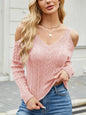 Shoulder-Baring Solid Color Cable-Knit Long Sleeve Sweater for Women