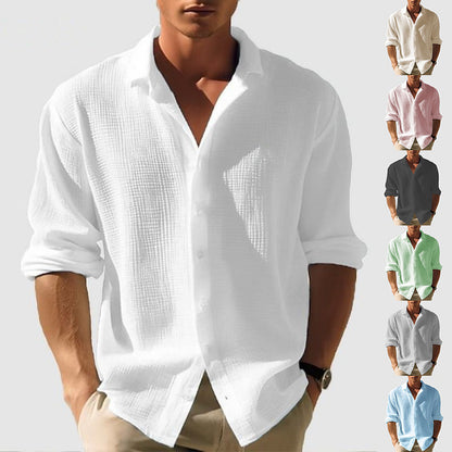Men's lapel long-sleeve shirt, stylish and solid-colored, featuring a single-breasted design—perfect for fall and spring fashion.