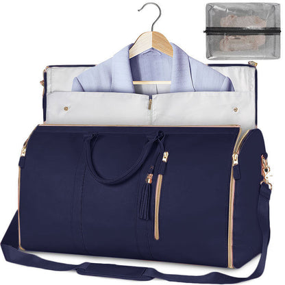 Large capacity travel duffle bag for women, featuring a folding suit bag design, waterproof material, and versatile use as a clothes tote or handbag.