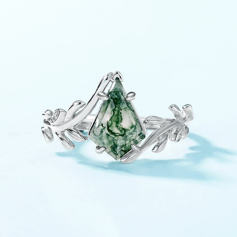Olive Branch Natural Green Moss Stone Ring S925 Silver Inlay Water Plants Agate Geometric Index Finger Ring
