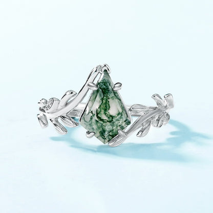 Olive Branch Natural Green Moss Stone Ring S925 Silver Inlay Water Plants Agate Geometric Index Finger Ring