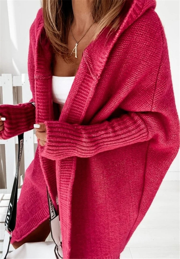 Fashion Bat-Sleeve Hooded Cardigan, Oversized Loose-Fit, Solid Color Sweater for Women’s Clothing.