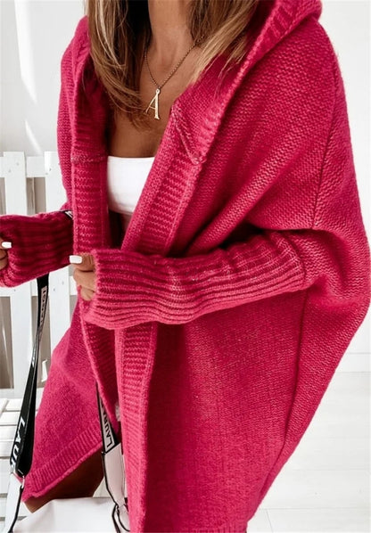 Fashion Bat-Sleeve Hooded Cardigan, Oversized Loose-Fit, Solid Color Sweater for Women’s Clothing.