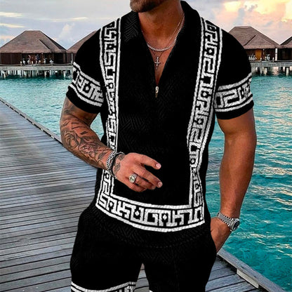 Men's Summer Fashion Set: 3D Printed Geometric Short Sleeve Zip Lapel Shirt.