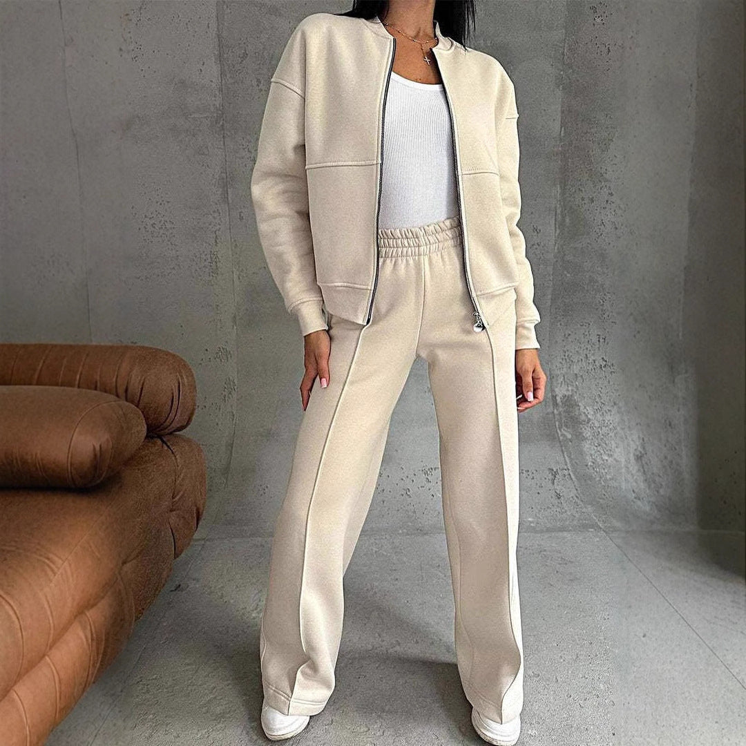 Women's Sports Suit with Zipper Jacket and Wide-Leg Pants Two-Piece Set