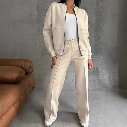 Women's Sports Suit with Zipper Jacket and Wide-Leg Pants Two-Piece Set