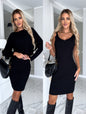 2-piece Suit: Women's Solid Striped Long-Sleeved Top and Fitted Suspender Skirt, Perfect for Fashionable Autumn and Winter Slim Outfits.