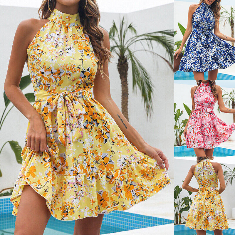 New Flowers Print Halter neck Dress Summer Fashion Temperament Lace-up Ruffled Dresses for Women