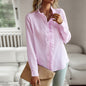 Striped long sleeve shirt with a fashionable ruffle design, button-up style, perfect as a casual office blouse. This elegant and versatile top is ideal for commuting and adds a touch of sophistication to women's clothing.