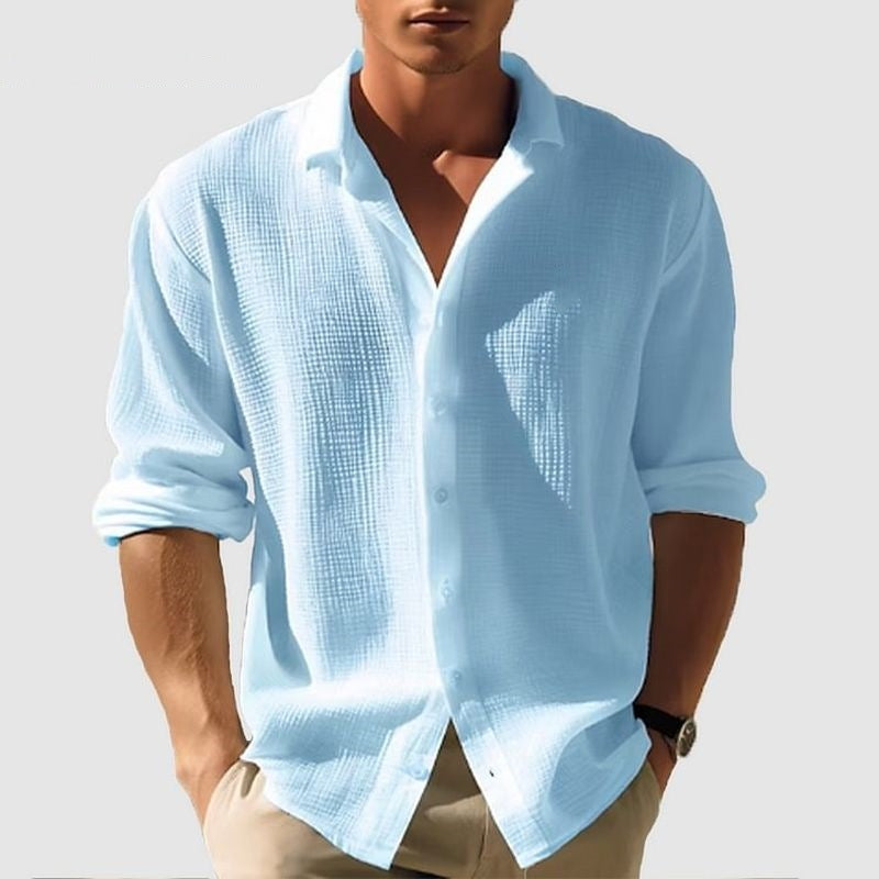 Men's lapel long-sleeve shirt, stylish and solid-colored, featuring a single-breasted design—perfect for fall and spring fashion.