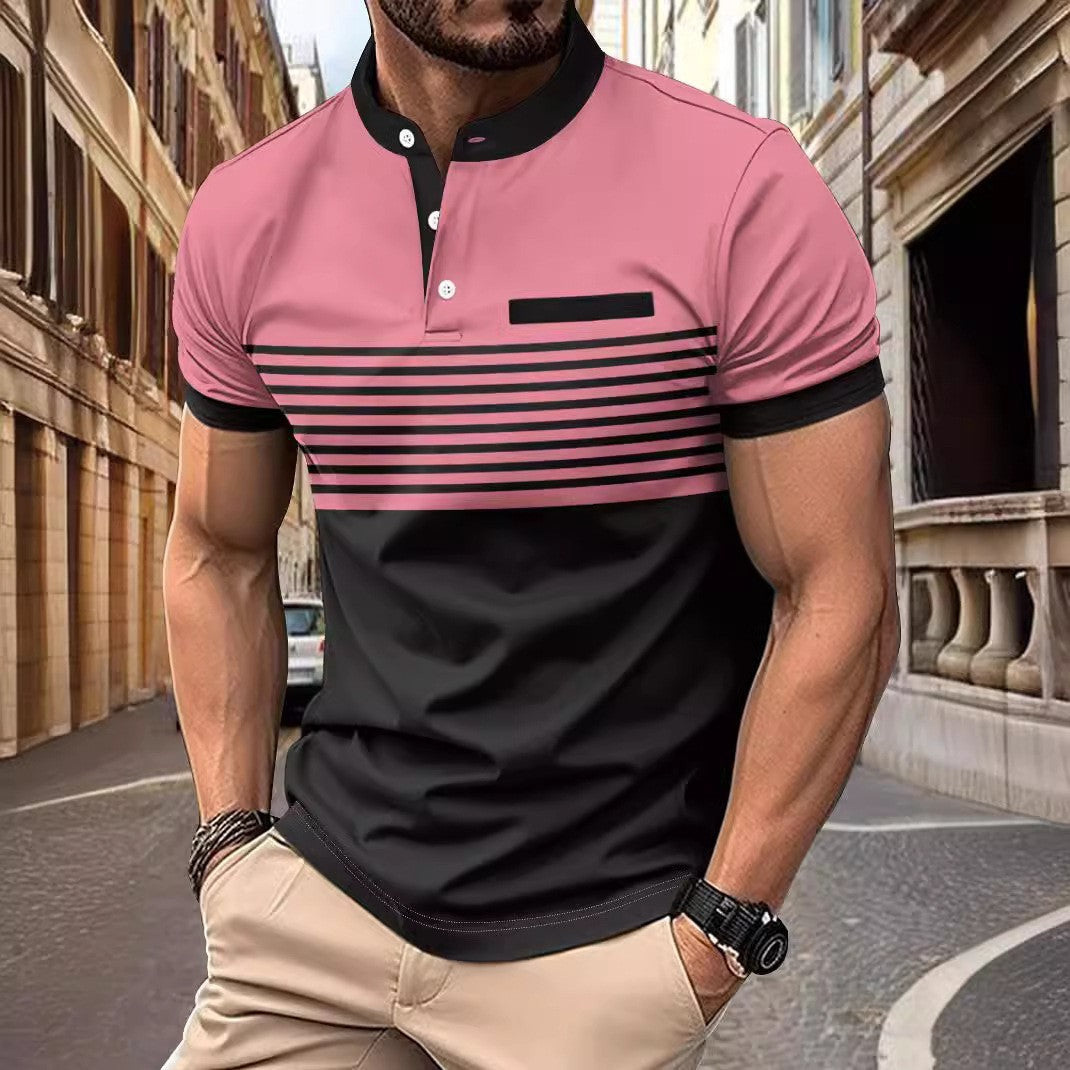 Multicolor Printed Striped Stand Collar Men's Top