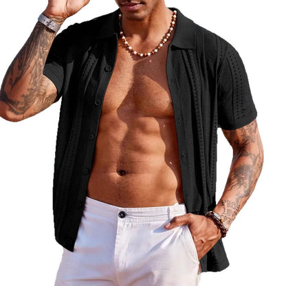 Men's Short-sleeved Knitted Cardigan, Solid Color, Breathable Design.