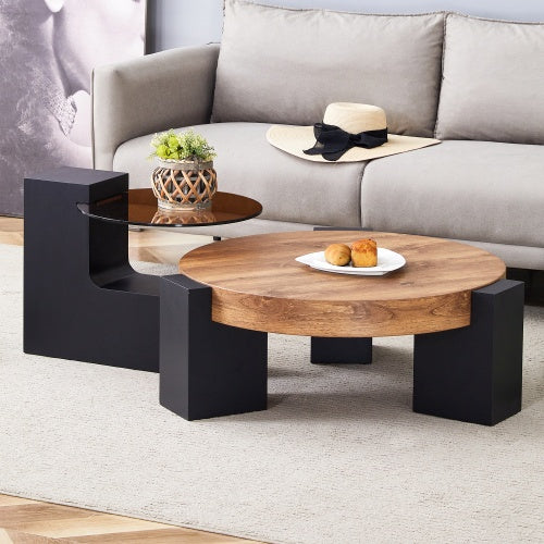 Modern Simple Double-Layer Round Coffee Table - Transparent Gray Glass Top with Black MDF L-Shaped Legs. The Detachable Design Can Make the Use of Space More Flexible