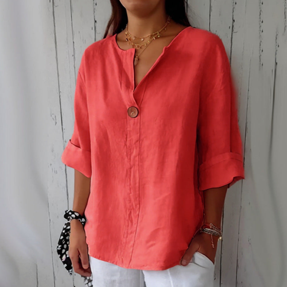 V-neck long-sleeved T-shirt, fashionable loose-fit cotton and linen button-up top for women.
