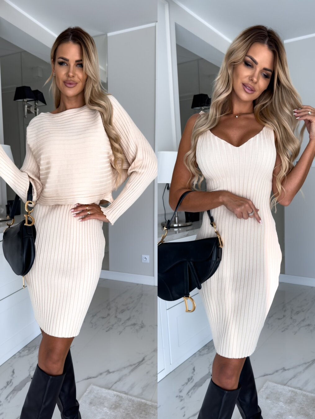 2-piece Suit: Women's Solid Striped Long-Sleeved Top and Fitted Suspender Skirt, Perfect for Fashionable Autumn and Winter Slim Outfits.