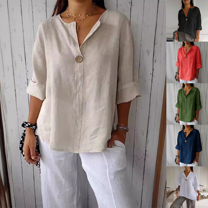 V-neck long-sleeved T-shirt, fashionable loose-fit cotton and linen button-up top for women.