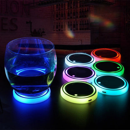 Colorful LED car cup holder coaster with USB charging, non-slip design, and automatic ambient lighting for cars.