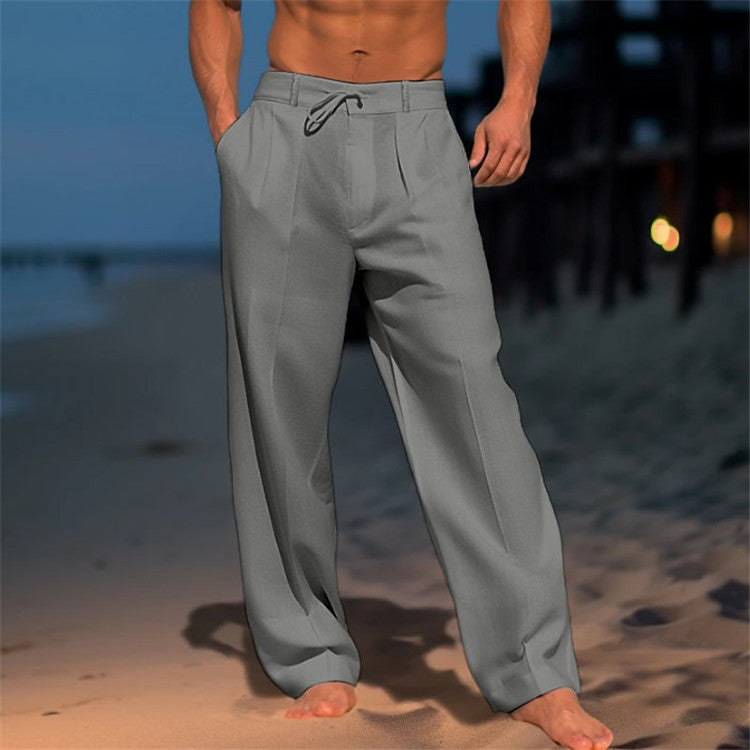Casual Wide-leg straight pants with pockets, stylish drawstring trousers for men. Clothing