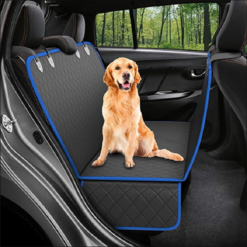 Dog car seat cover with view mesh, pet carrier hammock, safety protector, rear back seat mat featuring a zipper and pocket, perfect for travel.