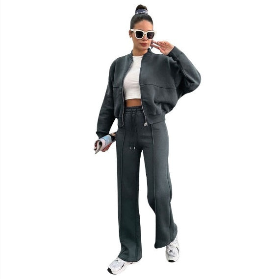 Women's Sports Suit with Zipper Jacket and Wide-Leg Pants Two-Piece Set