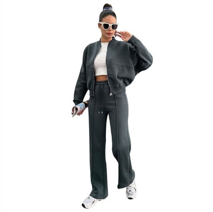 Women's Sports Suit with Zipper Jacket and Wide-Leg Pants Two-Piece Set