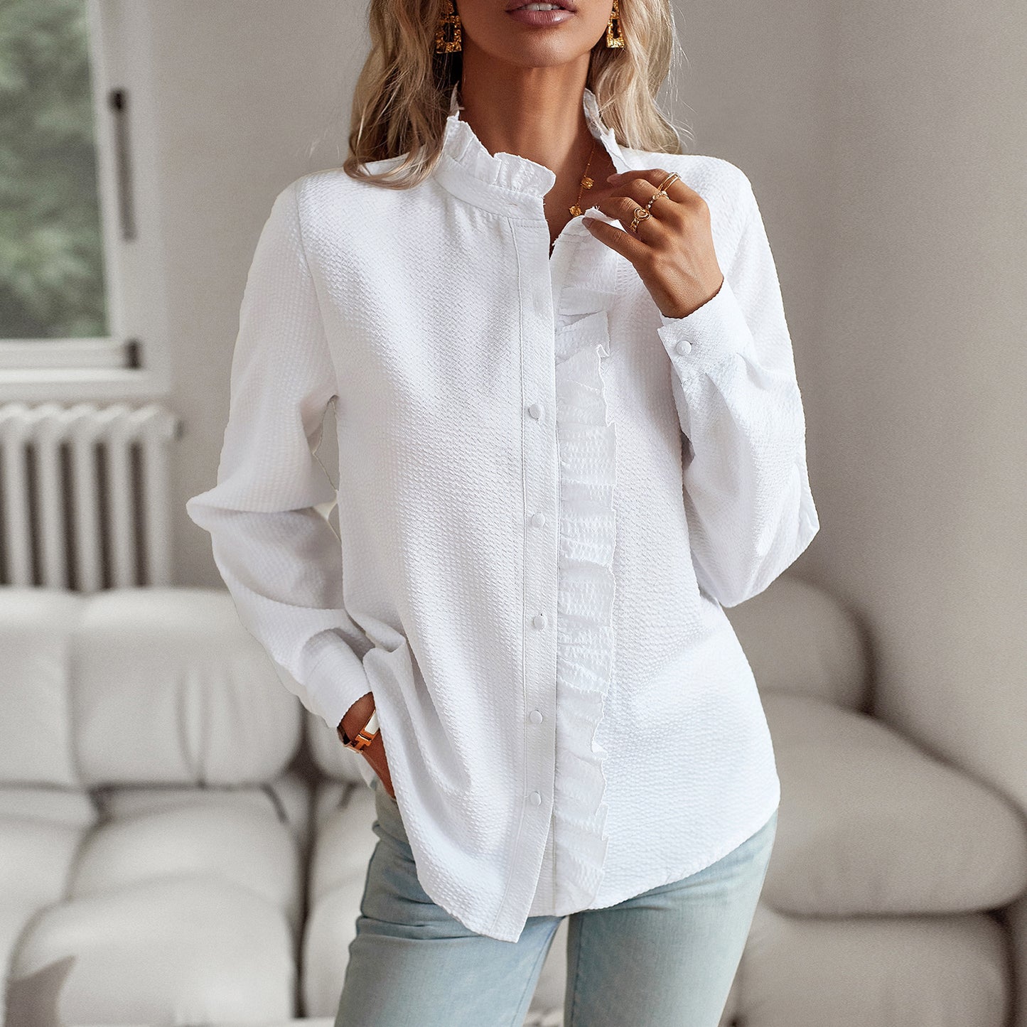 Striped long sleeve shirt with a fashionable ruffle design, button-up style, perfect as a casual office blouse. This elegant and versatile top is ideal for commuting and adds a touch of sophistication to women's clothing.