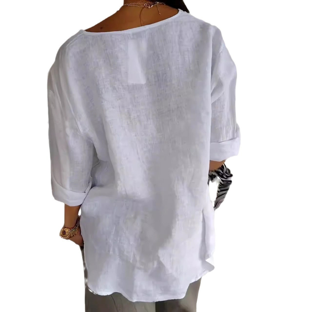 V-neck long-sleeved T-shirt, fashionable loose-fit cotton and linen button-up top for women.