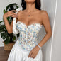 Flower-embroidered lace semi-transparent rope backless tube top.