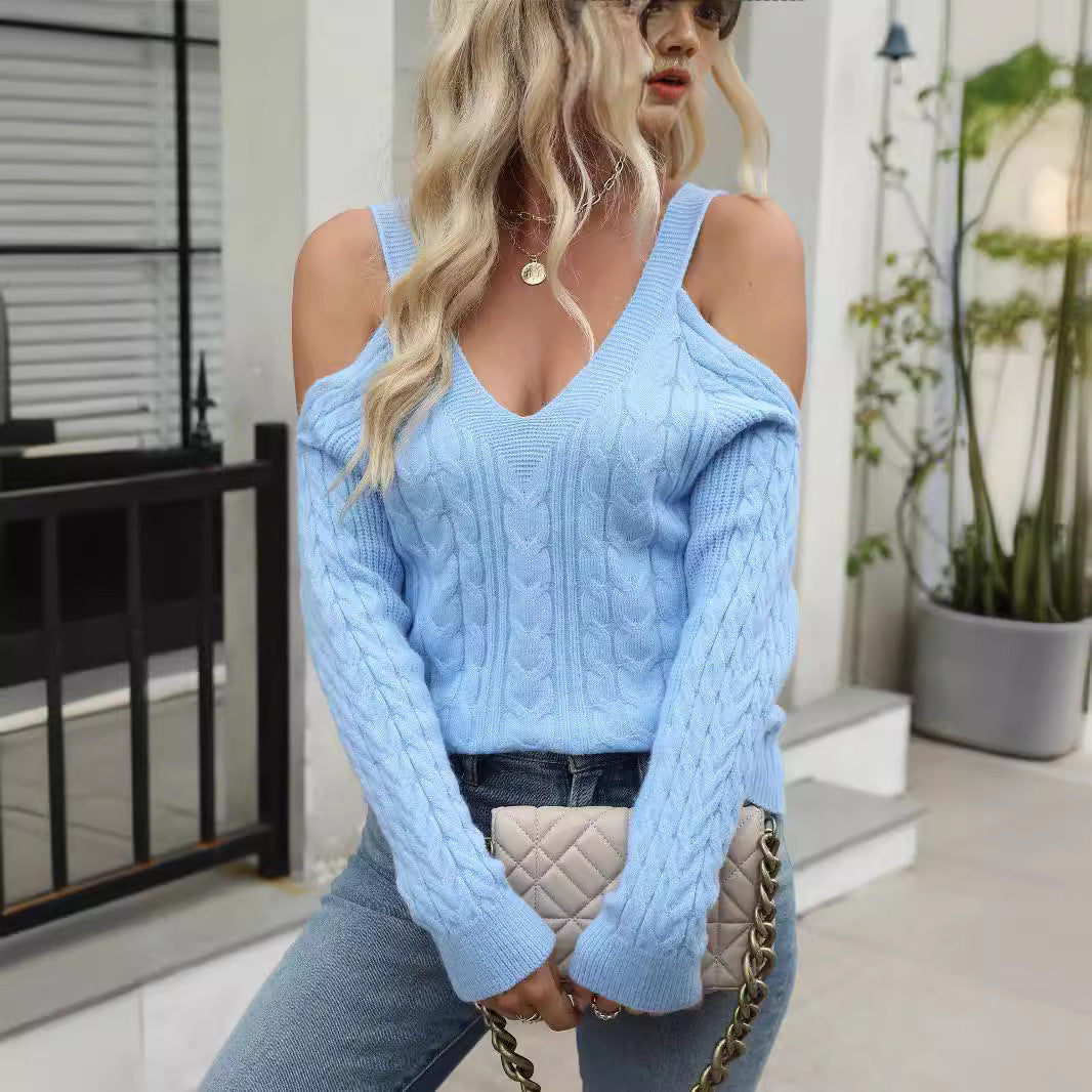 Shoulder-Baring Solid Color Cable-Knit Long Sleeve Sweater for Women