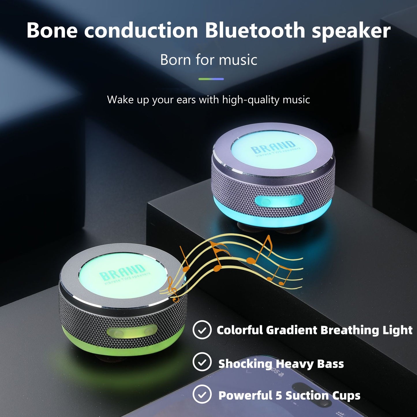 Compact wireless bone conduction speakers with Bluetooth connectivity, vibration technology, colorful LED lights, and a portable surface-adsorption design.
